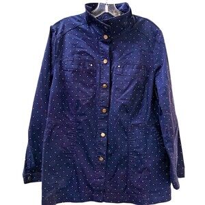 Chicos Navy Blue Polka Dot Twill Jacket Gold Snap Size XL 16/18 (3) Pockets